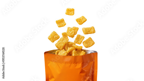 Crispy golden yellow square snacks dynamically falling from an open orange foil bag, isolated PNG on transparent background for food packaging design