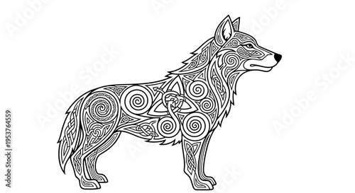 Illustration of a wolf with tribal patterns.