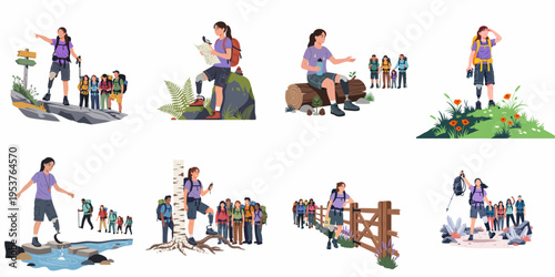 Diverse hiking illustrations showing a woman with a prosthetic leg exploring nature, leading groups, using maps, and celebrating reaching mountain summits.