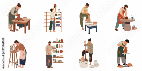 Flat illustration set of potters working in a studio, creating ceramic vessels on wheels, painting vases, and arranging finished pottery on shelves.