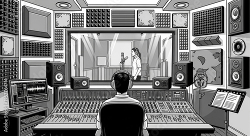 Monochrome Music Studio Scene with Engineer and Vocalist.