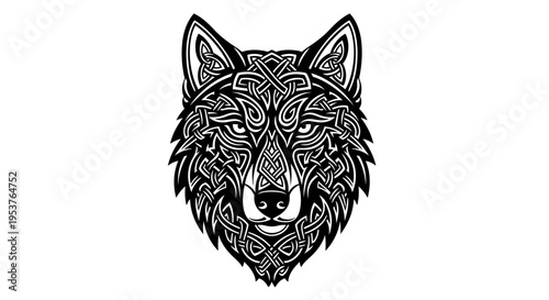 Intricate wolf head design with Celtic patterns.
