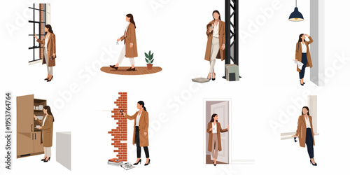 Flat Vector Illustration Set of a Professional Woman in a Brown Coat in Various Real Estate and Interior Design Related Poses