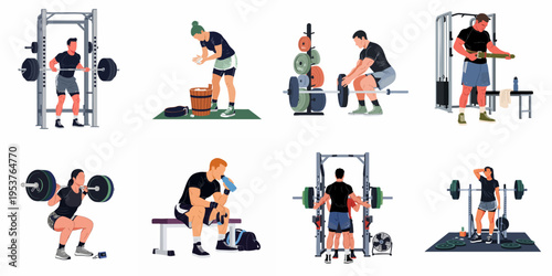 Collection of flat vector illustrations depicting various athletes performing weightlifting and powerlifting exercises, including squats, lifting weights, and resting in a gym.