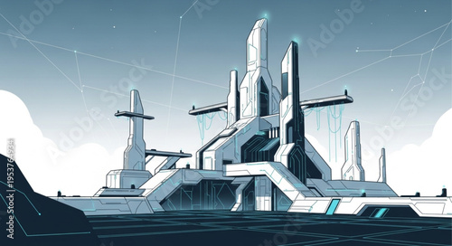Futuristic Arctic Research Station with Towering Structures and Minimalist Design.