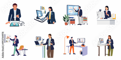 Diverse Medical Professionals Engaging in Telemedicine, Digital Healthcare Consultations, and Administrative Tasks in Modern Office Settings Vector Illustration Set