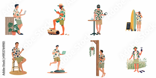 Set of flat illustrations featuring a man in tropical attire engaged in digital nomad activities, remote work, and summer leisure.