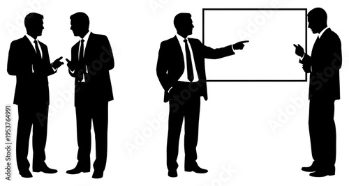 Businessmen in Suits Discussing and Presenting at Whiteboard Silhouette