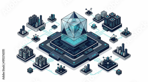 Isometric illustration of futuristic cityscape with central crystal structure.