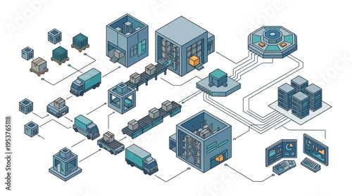 Industrial isometric 3D workflow process diagram.