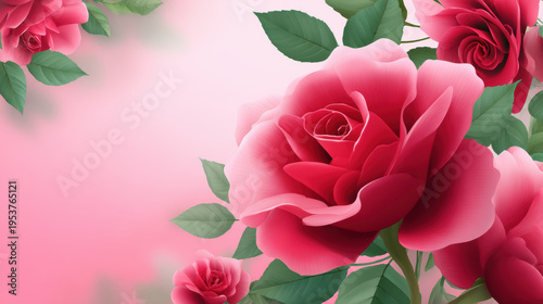 Exquisite pink roses with lush green leaves are artistically arranged on a soft, gradient pink background, creating a romantic and elegant floral illustration.