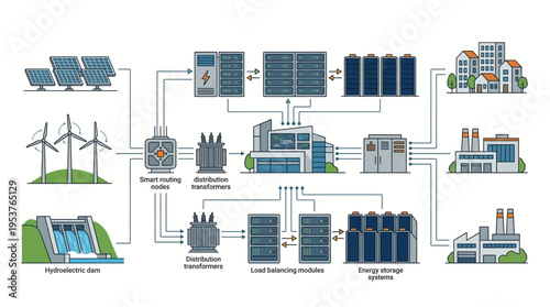 A comprehensive diagram of industrial processes and renewable energy integration.