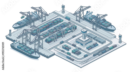Isometric illustration of industrial port cargo terminal with ships and cranes.