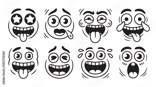 Collection of funny cartoon faces with various silly expressions on white background for emoticon concepts