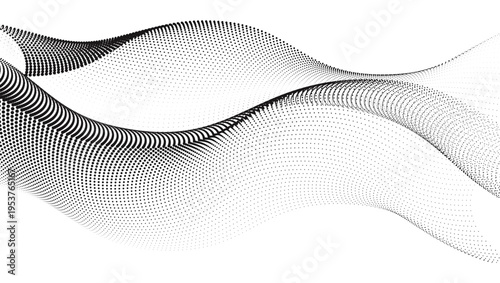 Flowing particle waves formed by halftone gradients create a dynamic dotted curve on a clean white background, representing sound, music, and digital energy.