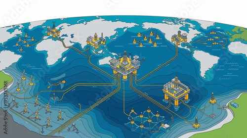 Global map with shipping routes and connections.