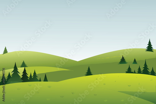 Stylized landscape illustration with rolling green hills and trees