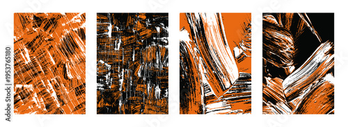 Abstract grunge brush stroke textures set – bold brush strokes in black and orange color, artistic vector backgrounds.