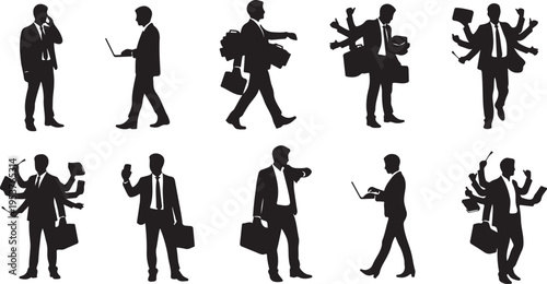 Businessman Silhouettes with Multiple Arms and Objects in Black
