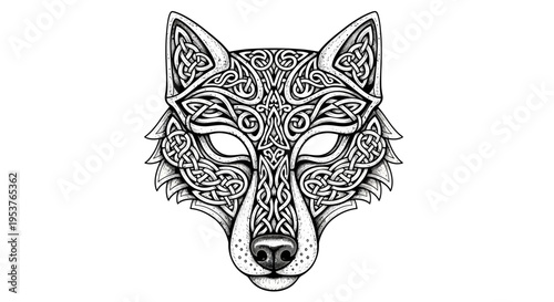 Intricately designed wolf head illustration.