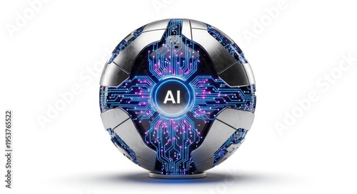 Abstract sphere with glowing blue circuits and the letters AI in the center, representing artificial intelligence and advanced technology. A high-tech, futuristic concept image