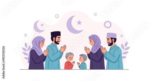 Illustration of a Muslim family with parents and children asking forgiveness on Eid al-Fitr with traditional attire and a moon background.