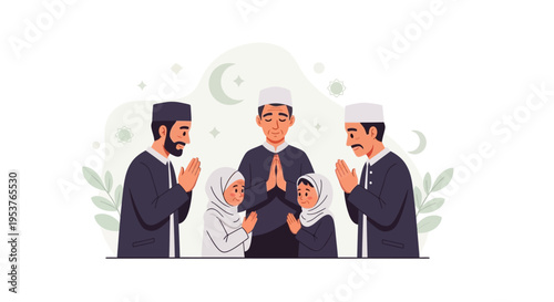 Vector illustration of a Muslim family praying together on Eid al-Fitr with traditional clothing and a serene background with crescent moons and leaves.