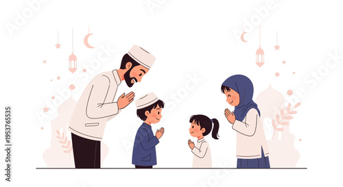 Illustration of a Muslim family with a man, woman, and two children asking for forgiveness on Eid al-Fitr with traditional attire and decorations in the background, conveying a sense of