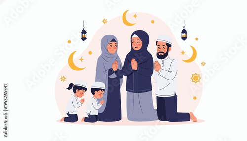 Illustration of a Muslim family in traditional attire praying together during Eid al-Fitr celebrations with a crescent moon and lanterns in the background.
