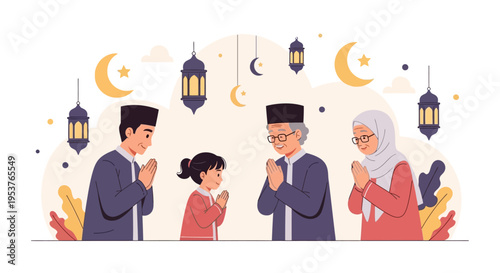 Illustration of a Muslim family praying together during Eid al-Fitr celebrations with traditional attire and lanterns in the background, conveying a sense of tradition and religiosity.