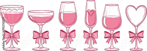 Pink wine glasses with bows and heart shapes champagne flutes