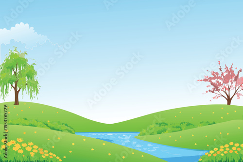 A peaceful landscape with a winding stream and lush greenery