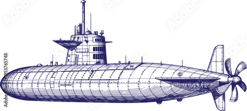 Hand Drawn Nuclear Submarine Side Profile Vector Line Art, Naval Military Vessel Technical Illustration Isolated on White Background