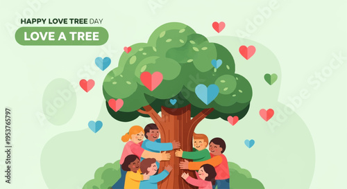 Diverse group of people hugging tree with colorful hearts symbolizing love and environmental care