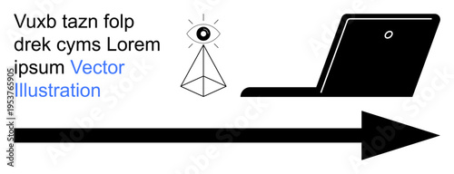 Technology, surveillance, data transfer, digital monitoring, vision, productivity. Pyramid with eye above, laptop and arrow. Digital monitoring and data transfer concepts