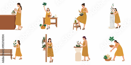 Collection of flat illustrations depicting women in yellow dresses preparing and eating healthy organic salads with fresh garden vegetables.