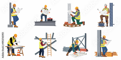 Set of construction workers and engineers in safety vests and hard hats reviewing architectural blueprints at building sites, flat illustration style.