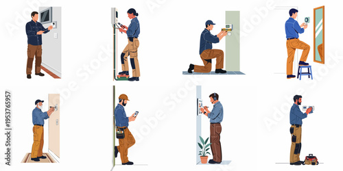 Set of professional technicians installing and maintaining smart home devices, control panels, and thermostats in various domestic settings.