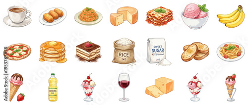 Food and drink icons set featuring various dishes and ingredients | Hand drawn meal illustrations isolated on white | Restaurant menu graphics