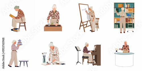 Active Senior Woman Engaging in Diverse Hobbies and Daily Activities Illustration Set