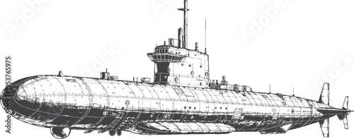 Hand Drawn Nuclear Submarine Side Profile Vector Line Art, Naval Military Vessel Technical Illustration Isolated on White Background