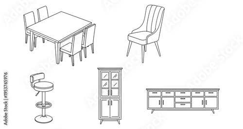Collection of Furniture Line Art Icons: Dining Table Chairs Bar Stool Cabinet Media Console