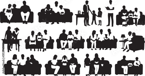 Silhouettes of people in various social interactions and settings