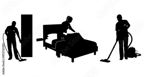 Cleaners vacuuming and making beds cleaning service concept
