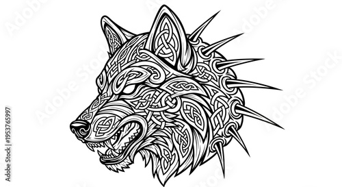 Detailed illustration of a wolf's head with ornate patterns and spikes.