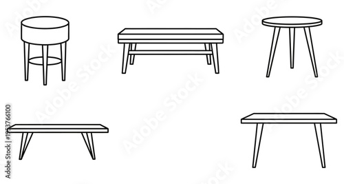 Collection of Furniture Line Drawings: Stool Benches Coffee Tables
