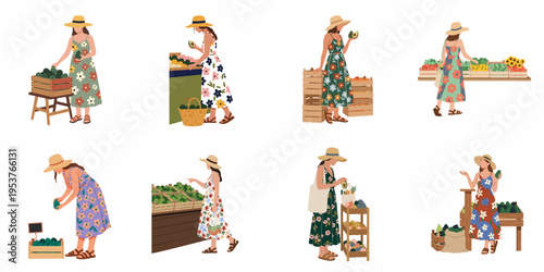 Collection of flat vector illustrations of a woman in floral dresses shopping for fresh avocados and produce at an outdoor market.