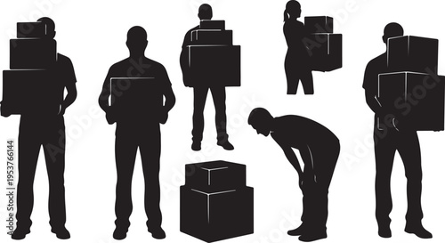 Silhouettes of people carrying and moving heavy boxes around