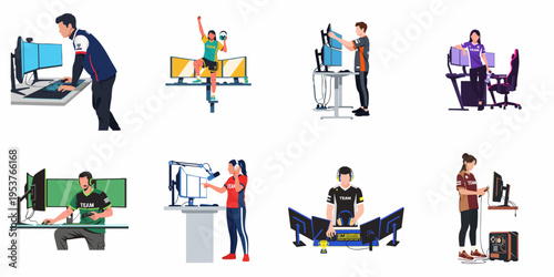 A collection of diverse esports athletes and professional gamers in various gaming and streaming setups, featuring modern equipment and multi-monitor configurations.