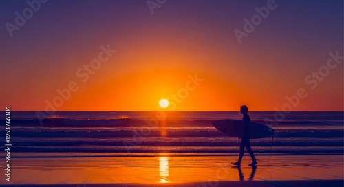 Silhouette of surfer walking on beach at sunset with surfboard.